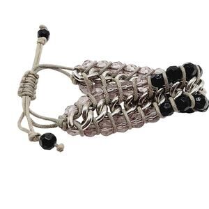 Artisan Black & Lilac Glass Beaded Macrame Bracelet - 6 1/2 Inch to 8 1/2 Inch